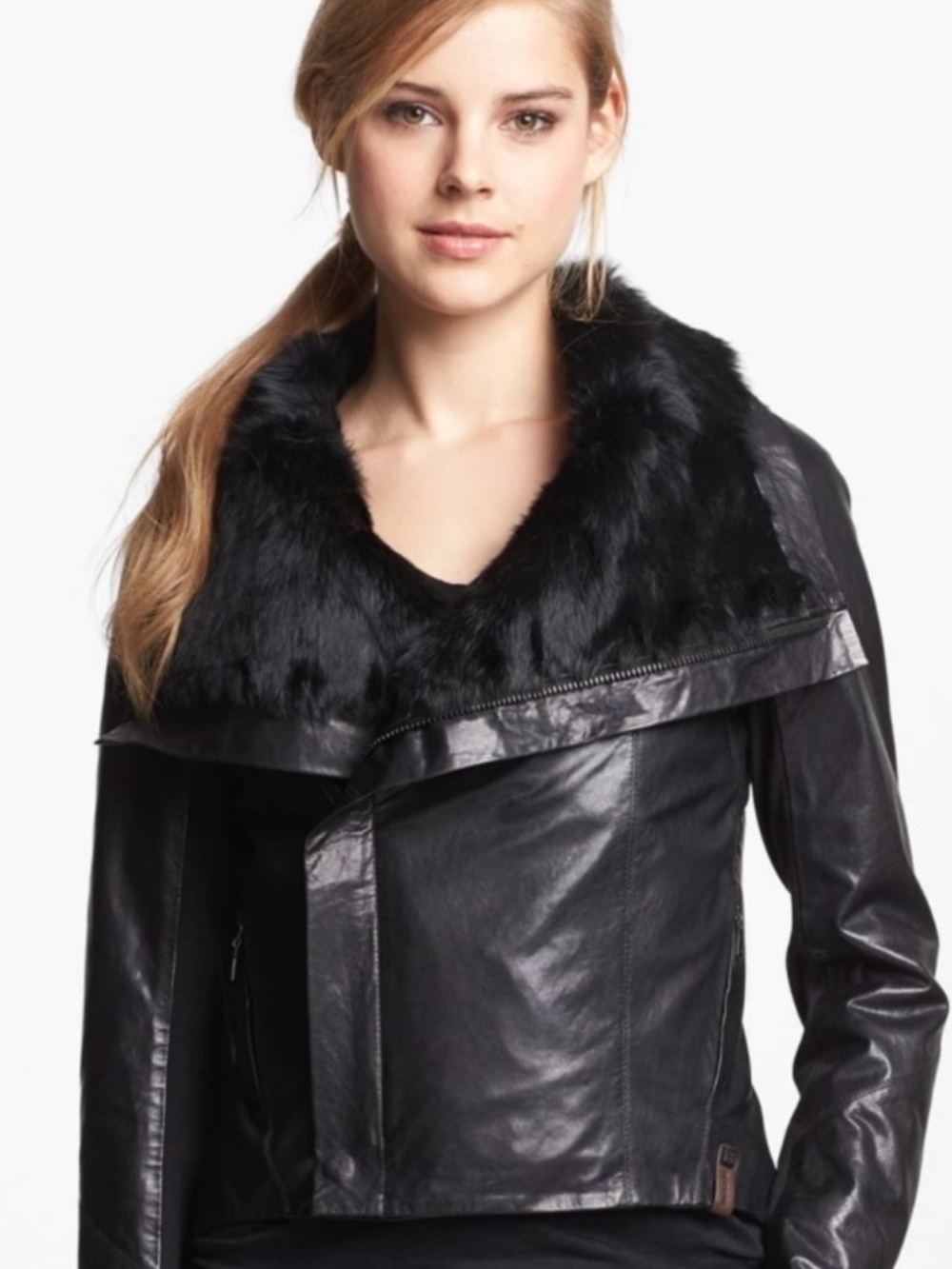 Rudsak Genuine Leather Jacket w/ Rabbit Fur Trim by Rudsak